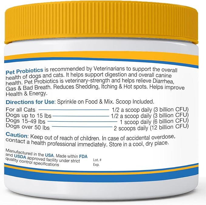 Probiotics for Dogs and Cats - Max-Strength with15 Strains Pre &Probiotics Digestive Health, Increase & Maintain Proper Gut Flora(Made in USA) 7.4 Oz (6 Billion CFU Per Scoop)