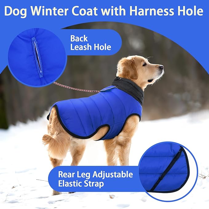 MIGOHI Lightweight Dog Puffer Jacket - Dog Winter Coat with Reflective Strips, Padded Vest with Harness Hole, Warm Snow Jacket Cold Weather, Easy On Hook & Loop Belly for Small Dogs, Blue, S