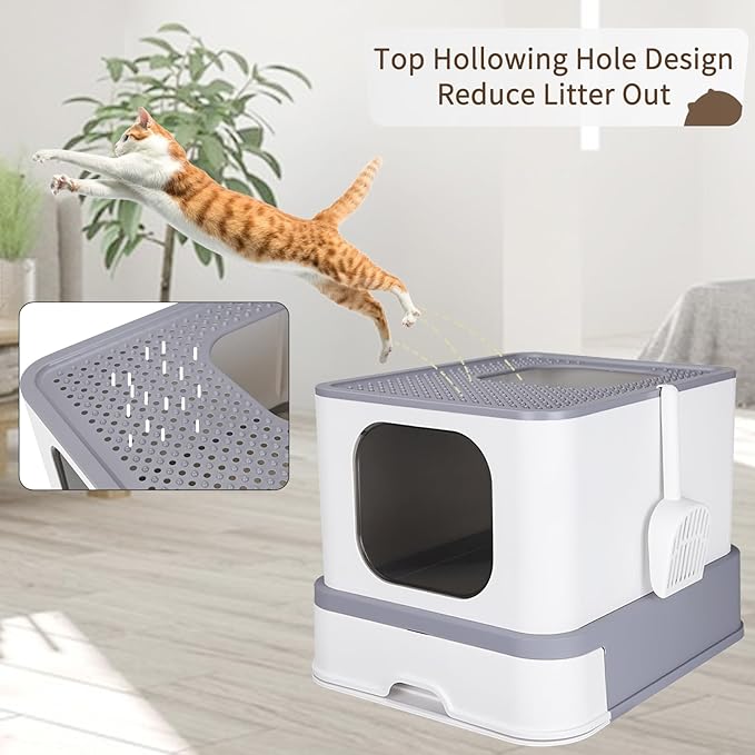 RIZZARI Stainless Steel Cat Box: Enclosed Design with High Walls - Light Gray - Large Anti Leakage Litter Pan for Odor Control for Living Room Garage