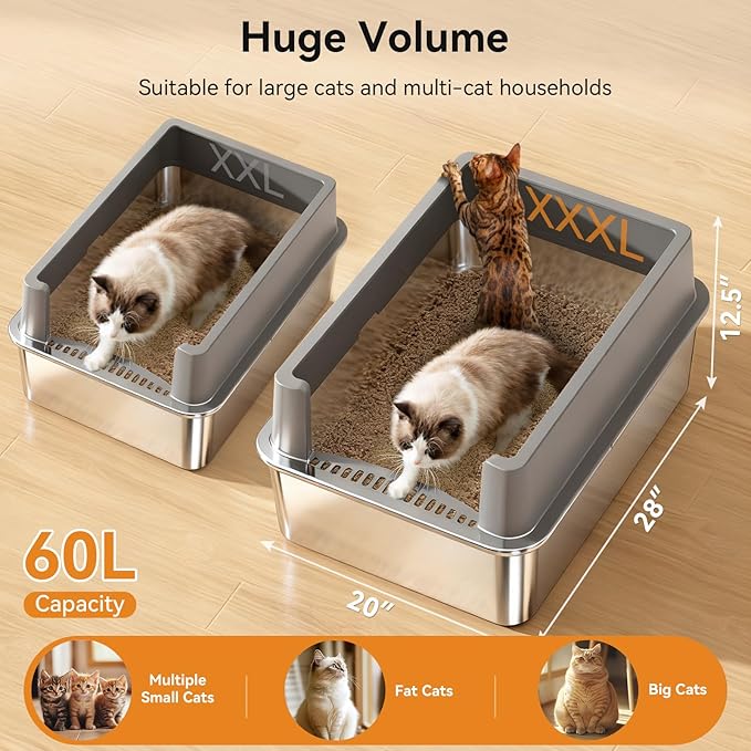 XXXL Stainless Steel Litter Box,28"L*20"W*12.5"H Large Capacity Metal Cat Litter Box for Big & Multiple Cats,Anti-Leakage,Non-Stick Surface for Easy Cleaning,Odor-Resistant,Scratch-Resistant