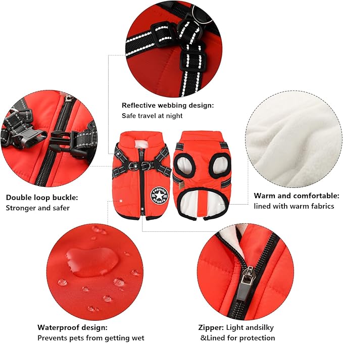 Aiboria Dog Jacket Dogs Vest Coat Windproof Warm Pet Fleece Dog Sweater Padded Vest with Chest Strap Harness Red XL