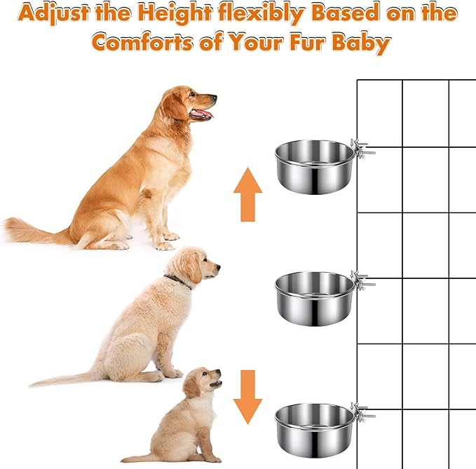 Dog Crate Water Bowl, 3 pcs Stainless Steel Dog Bowls, Durable Anti-Spill Pet Metal Bowl for Cage Kennel Crate, Hanging Water/Food Bowl for Medium & Large Dogs (7.1x3.5'' & 6.3x2.6'' & 5.5x3.1'')