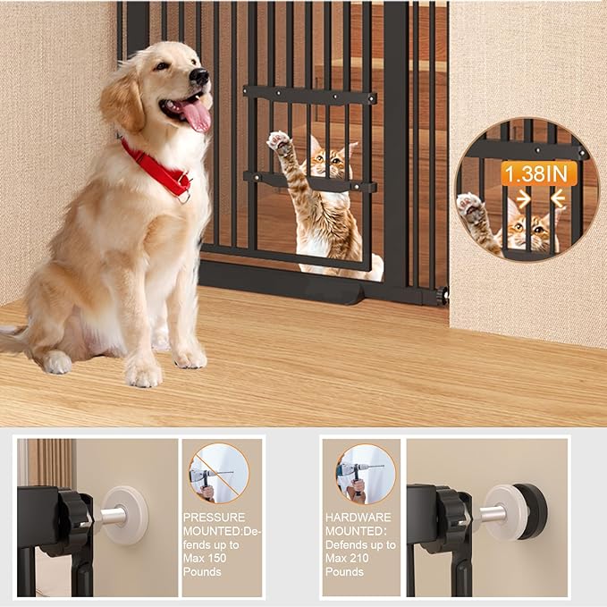 71" Extra Tall Cat Gate 29.5-40.6 Wide Pet gate for Doorway Pet Gate with Cat Doors NO Drilling Pressure Mount Kit for Cats and Dogs Indoor Doorways liveing Room Bedroom-Black