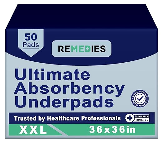 Remedies Extra Large Incontinence Bed Pads (36" x 36", 50 Count) - Super Absorbent Disposable Chux Underpads for Adults, Seniors, Kids, Puppies, Dogs & Furniture Protection