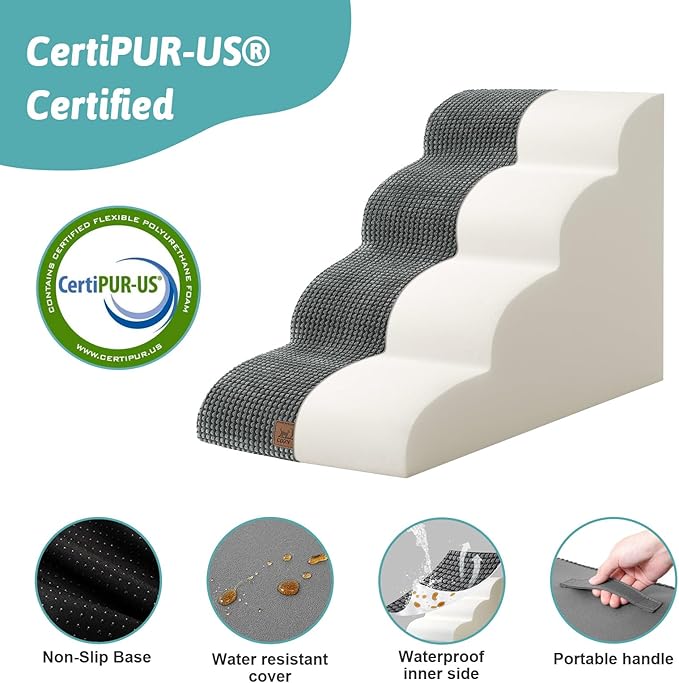 Dog Stairs for Small Dogs 19.7" H, Curved Dog Step for Puppy, Older or Cat, Medium Pet Ramp for Sofa, Couch or Bed, Ladder with High Density Foam, 4 Step, 15.7x28.3x19.7 inch, Charcoal Grey