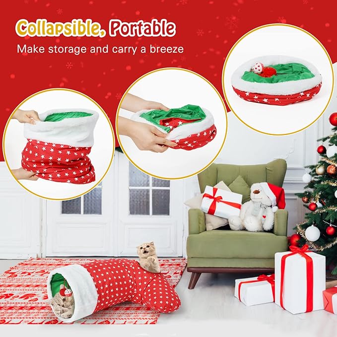 Pawaboo Cat Tunnel Christmas Sock with Bell Balls, Upgraded 2 Way Cat Tunnel Interactive Toy for Christmas, Pet Xmas Stocking with Crinkle Paper & Strong Spring-Steel Frame for Cat Kitten Kitty, Red