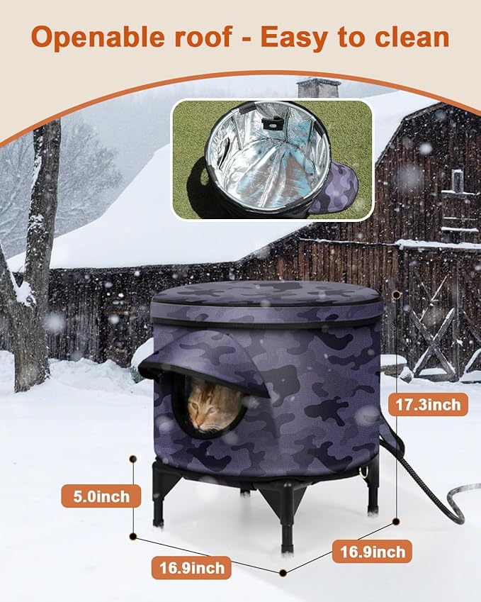 Heated Cat House for Outdoor in Winter, Metal Frame Cat Bed Kitty Shelter with Heating Pad, Insulated & Safe Escape Door & Weatherproof, Warm Home for Outside Stray Cat (Black camo, 16.8"x16.8")
