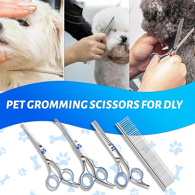 Dog Grooming Kit 9pcs Professional Scissors Set with Comb for Dogs Cats Dog Brush for Shedding Nail Clipper with Nail File Brushes for Grooming Safety Round Tip Shears Kit Blue Small Large Pet