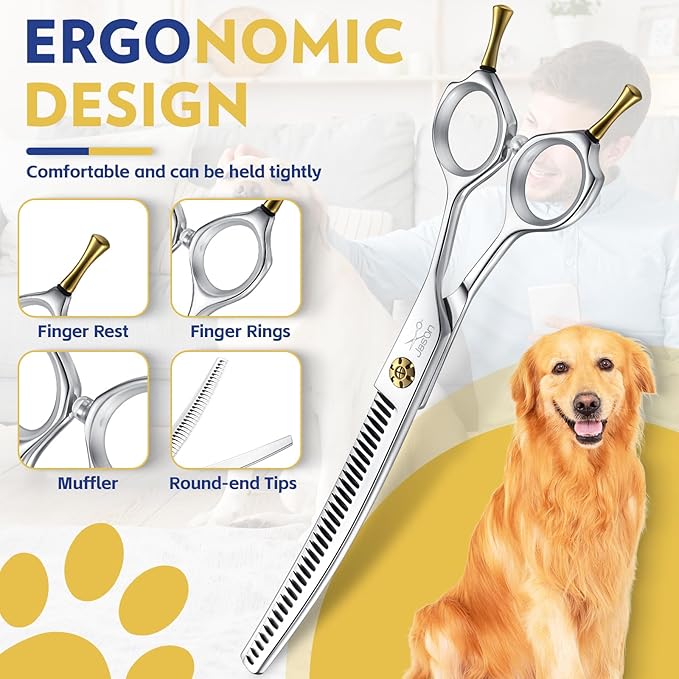 JASON Dog Shears for Grooming - 7" Up-curved Thinning Scissors with 55%-60% Thinning Rate, Japanese 440C Stainless Steel Dog Grooming Blenders with Adjustable Screw (35 Teeth, Silver)