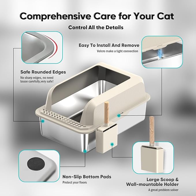 Stainless Steel Cat Litter Box with Lid, XL Large Litter Box for Big Cats, Enclosed Kitty Litter Pan with High Sides, Anti-Leakage&Non-Stick, Easy to Clean, Included Scoop, Aisle and Mat Beige