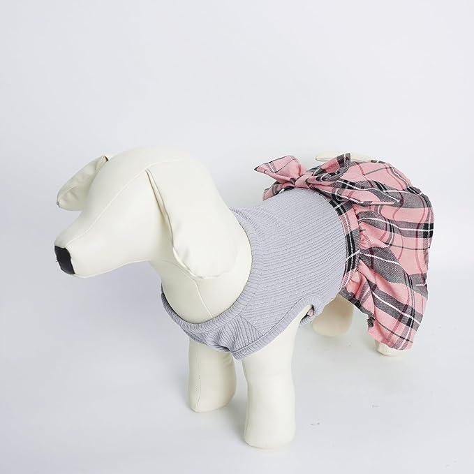 PUPTECK Classic Plaid Dog Dress Pet Apparel with Cute Bowtie Puppy Clothes Outfit,Grey,XS