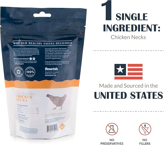 Flourish Pets Freeze-Dried Raw Pet Treats for Dogs, Chicken Neck Chews (5 Count)
