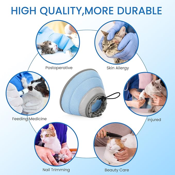 Cat Cone Collar Soft, Cat Recovery Collar Stop Licking After Surgery, Kitten Elizabethan Collar, Adjustable, Lightweight, Comfortable - Blue, S