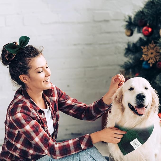 E-Clover Christmas Dog Bandanas Boy & Matching Scrunchie Set Plaid Dog Bibs Scarf Triangle Kerchief Bandana for Medium Large Dogs Birthday Gifts Pet Owner Mom Green Winter