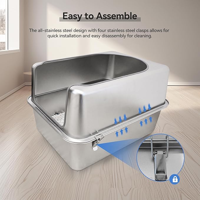 Stainless Steel Litter Box with Metal Lid and Scoop - Enclosed Metal Litter Box for Large Cats, Rust-Resistant, Odor-Control, Easy to Clean, Durable & Long-Lasting with Round Edge (L)