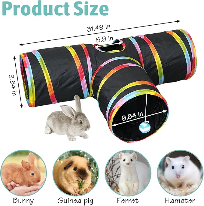 BNOSDM Bunny Tunnels, Collapsible 3 Way Rabbits Tunnel and Tubes with Chew Toys, Small Animals Hideout for Indoor Rabbit Bunny Guinea Pigs Ferret Kitten