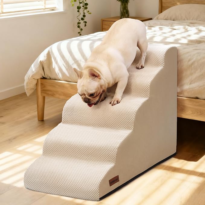 Dog Stairs for High Bed,5 Step Dog Ramp for Small and Medium Dogs,Pet Stairs with Non-Slip Bottom for Puppy, Older Cat,Indoor Pet Steps,Comfort,Durable,22.4" H,Beige