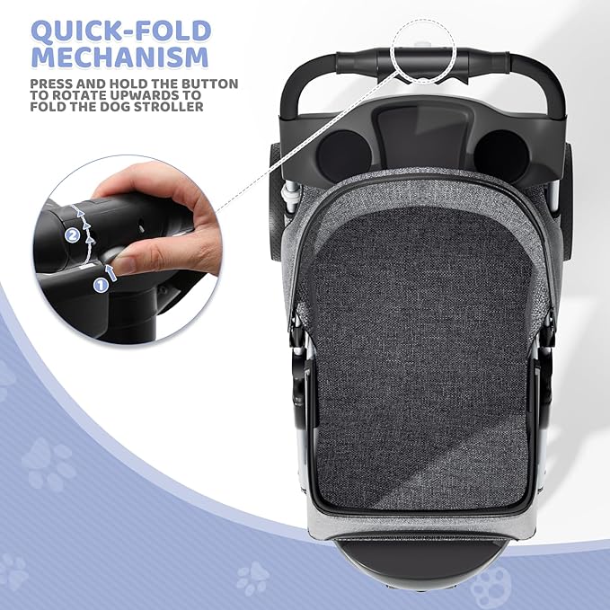 Magshion 3-Wheel Pet Stroller, Foldable Travel Jogger for Small & Medium Dogs & Cats (Up to 33lbs), Lightweight Carrier with Breathable Mesh Cover, Cup Holder & Storage Basket, Gray