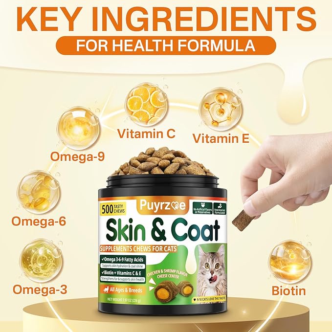 Cat Skin and Coat Health - 500 Chews Crunchy & Creamy Cheese Core with Omega 3/6/9, Vitamins C & E, Biotin for Skin Hydration & Coat Shine Supplement for Cats Kittens - Chicken & Shrimp Flavor