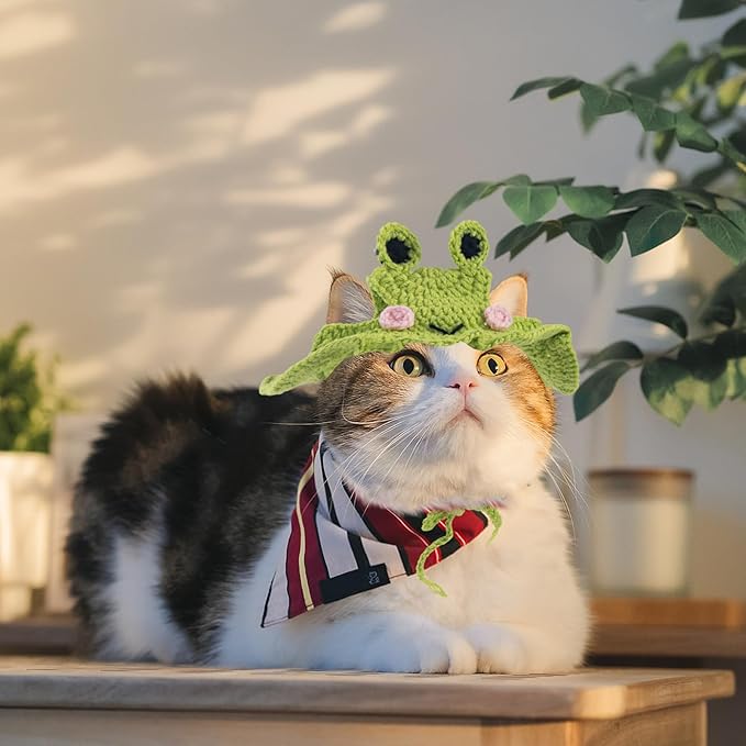 Frog Cat Hats, Cotton Cat Clothes, Cute Themed Knit Cats Bonnet for Costumes, Halloween, Christmas, Holiday Party