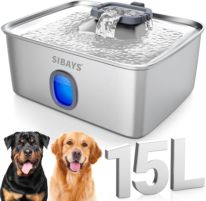 SIBAYS 4Gal/15L Large Dog Water Fountain, Stainless Steel Pet Fountain with Water Window & LED Light, Ultra Quiet Automatic Dog Water Bowl Dispenser for Large Dogs & Multi-pet, Easy to Clean(FS76)