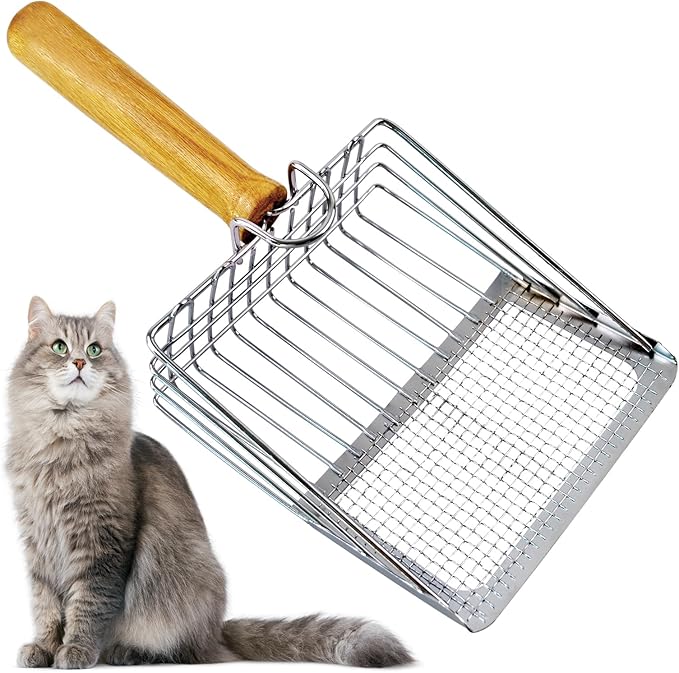 Stainless Steel Cat Litter Scoop,Cat Litter Scooper with Solid Wooden Handle,Kitty Metal Scooper & Speed Sifter Deep Shovel Scoop Filter,Kitten Pooper Lifter for Litter Box