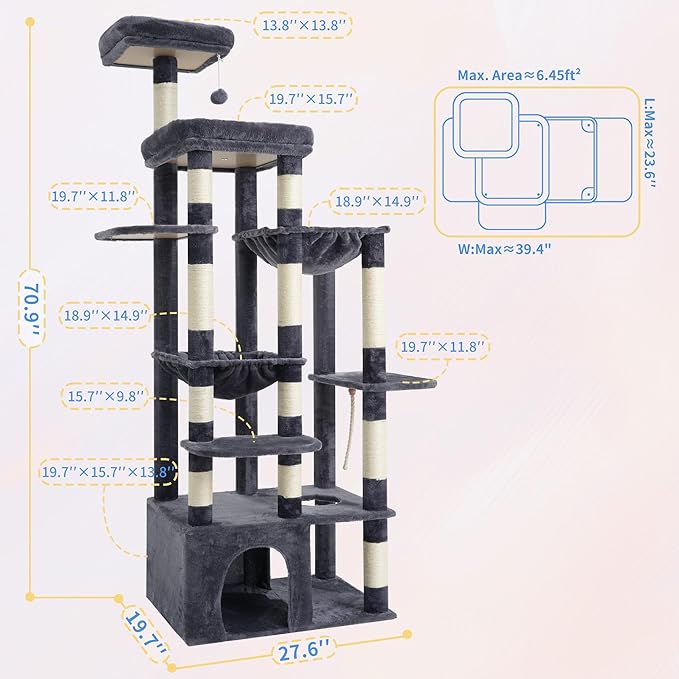 Heybly Cat Tree, 71-Inch Tall Cat Tower for Large Maine Coon Cats with Extra-Large Baseboard, Cat Condo Furniture with Multi-Level Platforms, 2 Hammocks and 12 Scratching Posts, Smoky Gray HCT037G