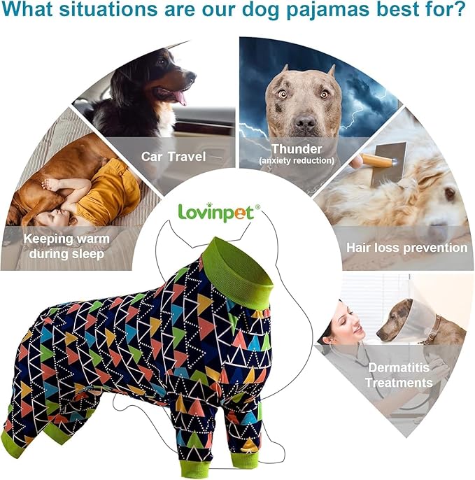 LovinPet Dog PJS Onesies for Medium Dogs, Blue Triangle Print, Post Surgery Shirt, UV Protection, Pet Anxiety Relief, Wound Care Onesie for Large Dog,Large