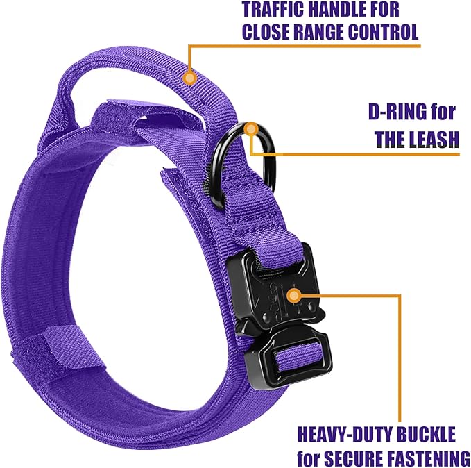 Tactical Dog Collar and Bungee Leash,Military Dog Collar & Leash Set with USA American Flag Adjustable K9 Collar with Heavy Duty Metal Buckle & Handle,with Patches and Airtags Case (Purple, L)