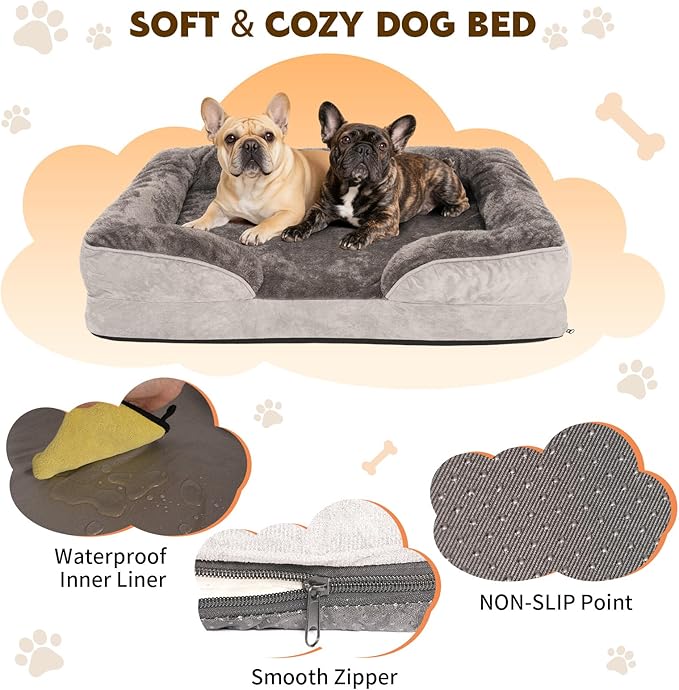 Dog Bed Medium to Large Dogs - Waterproof Couch with Removable Washable Cover and Egg Crate Foam Comfort Cage Beds Zipper Non-Slip Bottom Pad Bite-Proof
