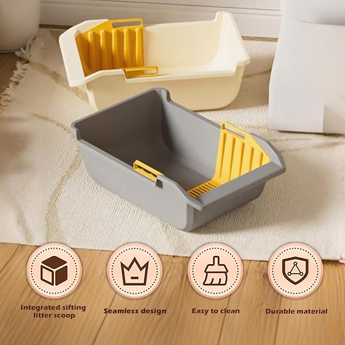 SpaceTime Extra Large Cat Litter Box with High Sides,Jumbo Open Top Kitty Litter Pan for Indoor Cats,XL Cat Boxes with Integrated Sifting Litter Scoop,Ideal for Kittens & Big Cats,Easy to Clean(Grey)