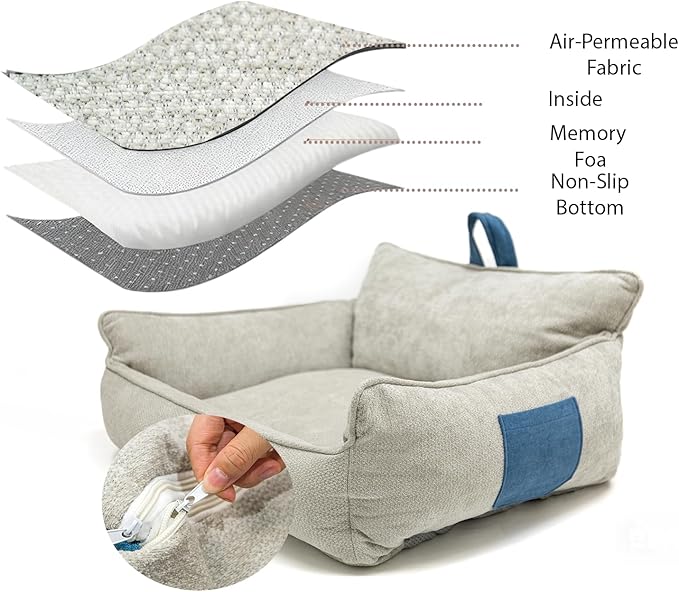 Large Orthopedic Dog Sofa Bed with Sides, Carry Handle & Side Pockets .Plush Chenille Orthopedic Pet Bed Couch for Large Dogs.Portable Snuggler for Indoor Use, Travel & Recovery (Light Grey)