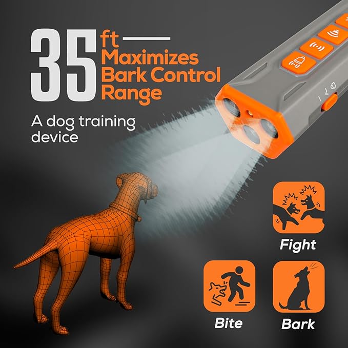 Dog Bark Deterrent Device to Stop Own or Neighbor’s Dog Barking, Biting & Fighting with Long Range – Rechargeable Ultrasonic Portable Anti Barking Device with 3X Sonic Emitters & Light (Gray)