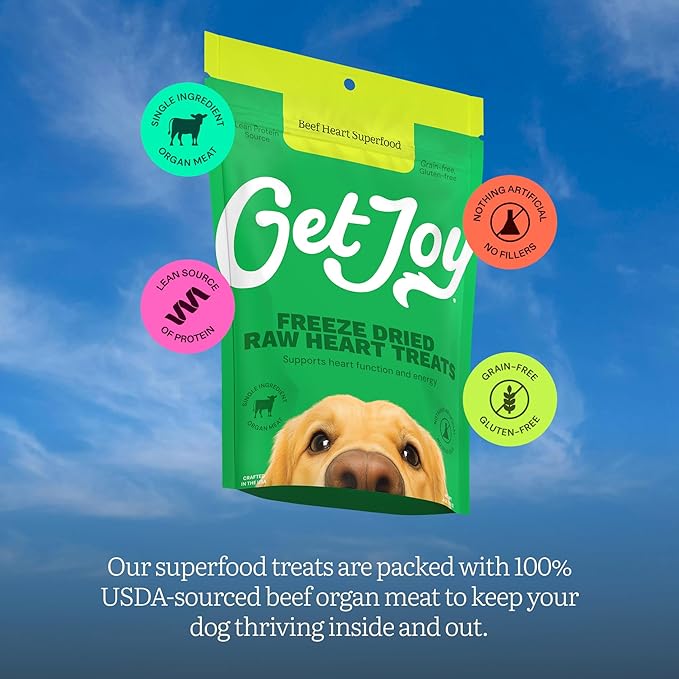 Get Joy Freeze Dried Superfood 100% Beef Heart Dog Treats, 16 Ounce Bag, Single Ingredient Organ Meat, High Protein, Heart Health, Energy, Muscle Repair, Grain Free, Gluten Free, Made in USA