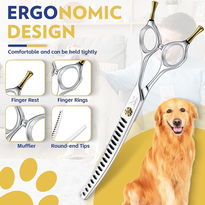 JASON Dog Scissors for Grooming - 7" Up-curved Chunker Shears with 65%-70% Thinning Rate, Professional Japanese 440C Stainless Steel Dog Grooming Chunkers with Adjustable Screw (18 Teeth, Silver)
