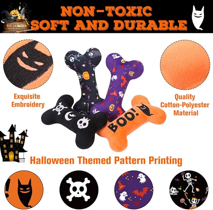 SCENEREAL Halloween Dog Toy for Small Medium Large Sized Dogs- 4Pack Plush Dog Squeaky Toys, Interactive Bone Dog Toys, Puppy Chew Toys for Indoor Outdoor Training
