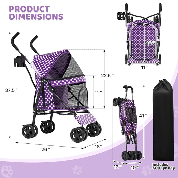 Magshion Compact Pet Stroller for Small-Medium Dogs/Cats up to 22lbs, 4-Wheel Lightweight Umbrella Shaped Portable Puppy Travel Jogger w/Breathable Mesh, Cup Holder & Rear Storage, Purple Polka Dots