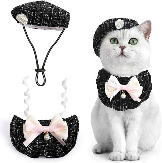 HOWWFALY 2PCS Cat Beret Hat with Small Camellia, Adjustable Satin Bowtie Bandana Scarf Set Pet Princess Costume for Halloween Christmas, Cat Dog Birthday Party Apparel(Black Bow)