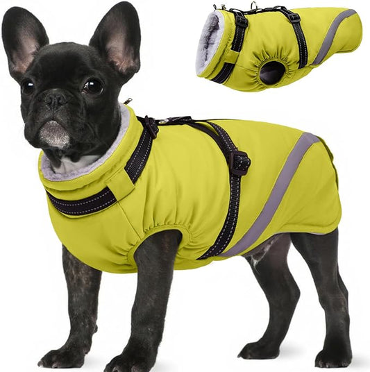 BRKURLEG Dog Winter Jackets for Small Dogs, Dog Coat with Harness Built in, Dogs Snowsuits with Zipper, Waterproof Windproof Pet Puffer Jacket Fleece Vest for Chihuahua, Yorkie, Green XS