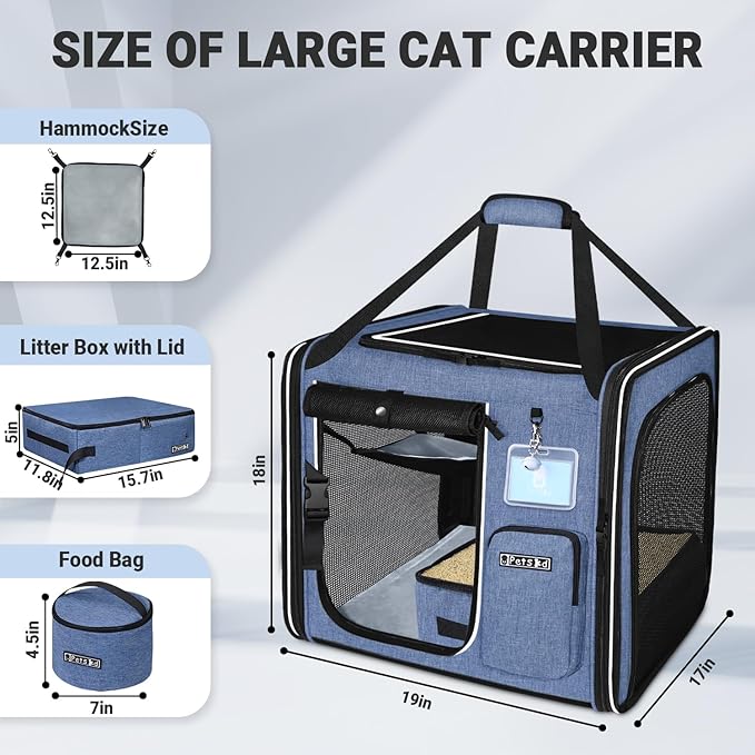 Petskd Combinable Large Cat Carrier with Litter Box for Car Travel, 19"x17"x18" Portable Soft Pet Carrier for 2 Small Cats with Safty Zipper Locks for Vet