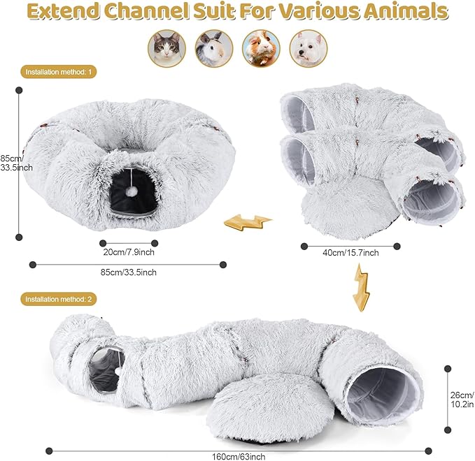 Odoland Cat Tunnel Bed with 20 Cat Toys - Indoor Plush Kitten Couch,Detachable Cats Cave Donut Tunnel & Soft Kitten Toy Set-Cozy Cat Furniture Grey