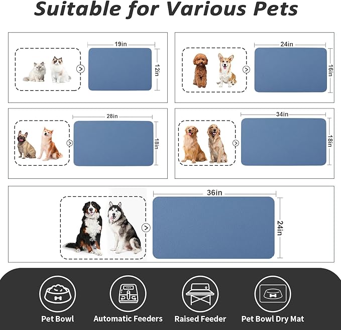 Pet Feeding Mat - Absorbent Dog Mat for Food and Water, No Stains Cat Bowl Mat, Easy to Clean Pet Placemats, Quick Dry Dog Water Dispenser Mat for Messy Drinkers | Blue 12"x 19"