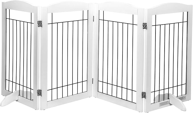 Spirich Free Standing Foldable Wire Pet Gate for Dogs, 80 inches Extra Wide, 30 inches Tall 4 Panels Dog Gate for the House, Doorway, Stairs, Pet Puppy Safety Fence,Set of Support Feet Included, White