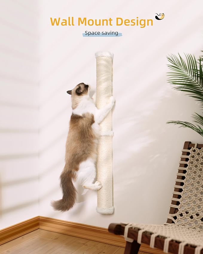 34'' Wall Cat Scratching Post, Wall Mounted Cat Scratcher Furniture for Indoor Active Cats, Tall Sisal Pole for Large Adult Cat Pet Climb Stretch Walk