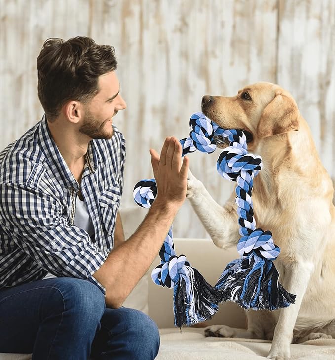 Dog Rope Toy 37.4 in, 6 Knots Dog Tug of War Toys for Aggressive Chewers, Indestructible Rope Toys for Medium Large Dogs, Blue-White