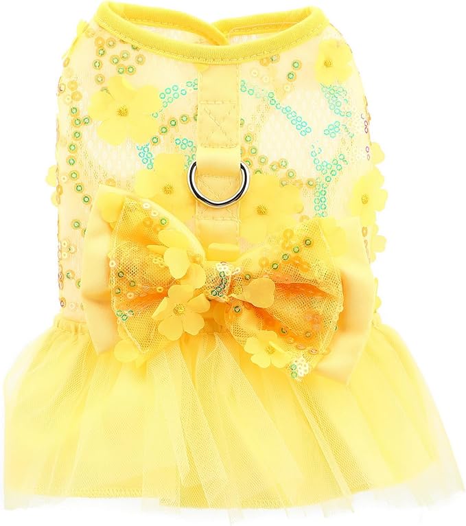 Dog Dress,Luxury Bow Princess Tutu Dresses for Girl Dogs Cute Fashion Mesh Pet Skirt with Sequins Flower Cat Puppy Clothes Wedding Party Outfits Chihuahua Apparel Button up D-Ring,Yellow,L