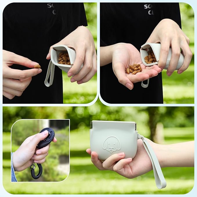 WALLFID Silicone Dog Treat Pouch Small Bag,Auto Closure,with Pet Training Clicker,Walking Bag for Dog and Cat,Pocket Size,Easy to Clean,Odorless (light grey)
