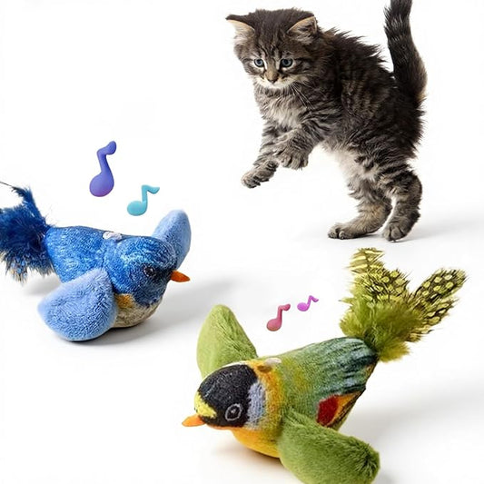 2-pack catnip cat toys that stimulate indoor cats' natural hunting instincts,Interactive plush bird toy with realistic chirping sounds to tease your cat (Green artificial bird + blue artificial bird)