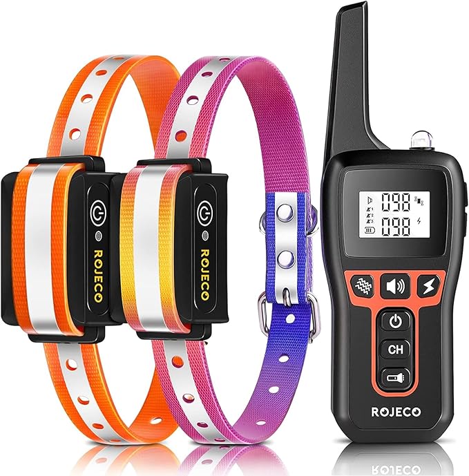 ROJECO Dog Shock Collar for 2 Dogs with 3300FT Remote，IPX7 Waterproof Rechargeable Shock Collar for Large Medium Small 2 Dogs for 4 to 120 lbs，3 Safe Training Modes with Beep，Vibration and Shock