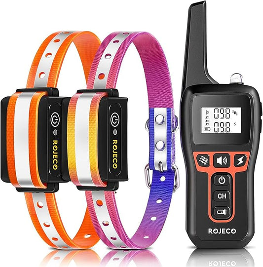 ROJECO Dog Shock Collar for 2 Dogs with 3300FT Remote，IPX7 Waterproof Rechargeable Shock Collar for Large Medium Small 2 Dogs for 4 to 120 lbs，3 Safe Training Modes with Beep，Vibration and Shock